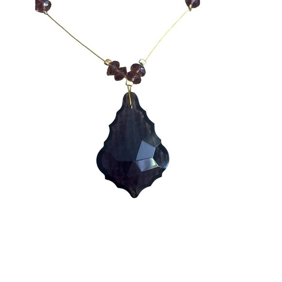 Faceted Amethyst Glass Pendant Necklace Gold Wire Toggle Clasp Illusion 26" - Picture 2 of 5